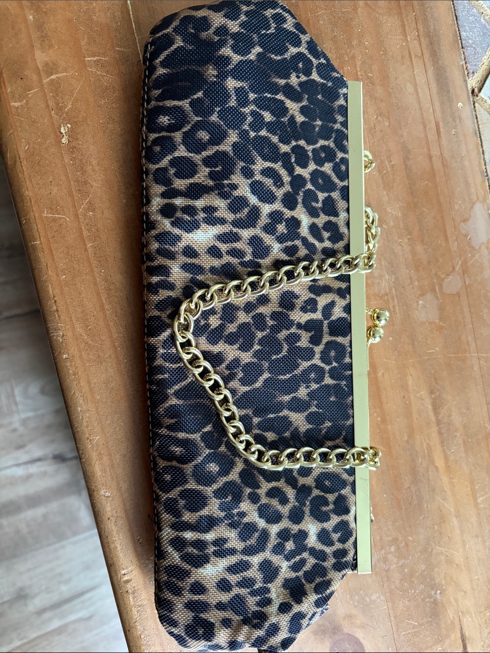 Leopard Print Chain-Handle Clutch with Gold Accent - Brown & Black